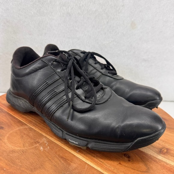 Adidas Golf Shoes Leather Spiked ThinTech Black Golfing Mens‎ Size 9 - Picture 1 of 11